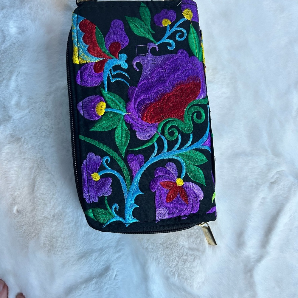 Embroidered Parrot Floral Black Zip Wallet Boho Colorful Coin Purse Clutch - Picture 4 of 6